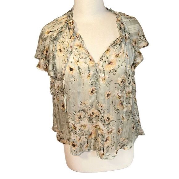H&M gauze blouse sz 6 lite green, cream poppy, ruffle collar + sleeve shirt top - Picture 1 of 10